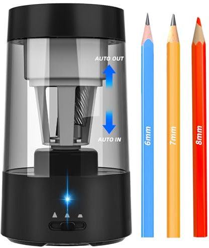 ZMOL Full Automatic Electric Pencil Sharpener, Rechargeable Pencil Sharpener with Container for Colored Pencils & Pencils(6-8mm),Auto in & Out, Portable Safe Sharpeners for Home,Office,School,Black