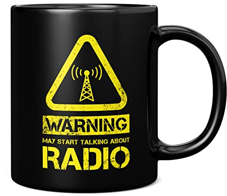 Mug Monster - Warning May Start Talking About Radio Funny Gift Mug - Ceramic Coffee Cup, Gift for Men or Women, Extra Large and Giant Available, 11oz Black