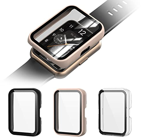 MoKo 3 Stück Hard Schutzhülle kompatibel mit Huawei Watch Fit 2, HD PC Rundum Hülle Ultradünne Gehäuse mit Kratzfest Panzerglas Displayschutz, Schwarz/Transparent/Sakura Rosa