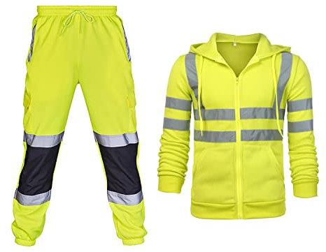 SUYGGCK Abbigliamento ad alta visibilità per uomo, giacca da lavoro di sicurezza, felpa con cappuccio, pantaloni, abbigliamento da lavoro per la costruzione del traffico all'aperto
