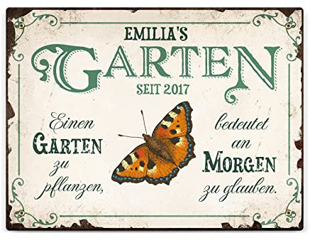 Love Faith Gartenglück Outdoor-Schild 30 x 20 cm (mit Bohrung zur Montage) - Personalisiertes Türschild mit Namen - Wanddeko Geschenk für Garten & Balkon