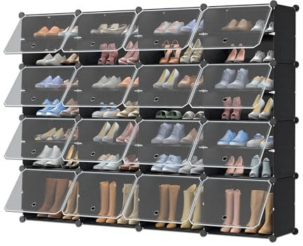 YARDIN Schuhregal Shoe Regalsystem Kunststoff Schuhablage Rechteckiges Würfel 163×32×124CM (BxTxH) mit 32 FÄchern, Schuhständer Rack Schuhregal Schmal Garderobenschrank mit Tür,Schwarz