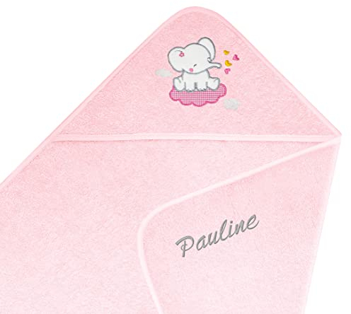Lashuma Kapuzenhandtuch mit Name Bestickt, Mädchen Rosa 75x75 cm, Kinder Handtuch Bestickt Motiv: Elefant