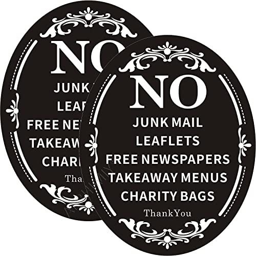 2 Pack No Junk Mail Sign for Front Door Letterbox, Metal Reflective 4.7x5.9 Inches, With Adhesive Back, With Drilled Holes