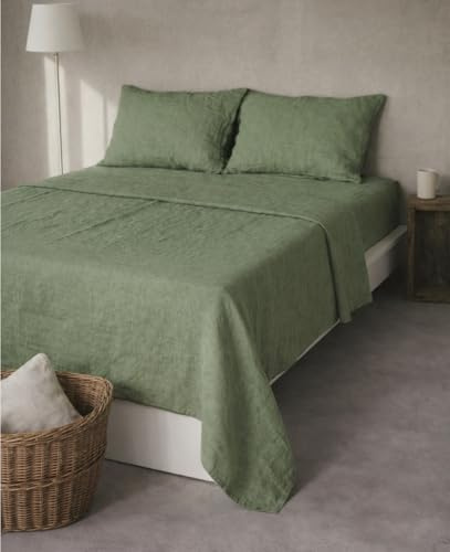 Ger3as Leinen Bettlaken ohne Gummi – 100% Stonewashed Leinen Flachlaken – Atmungsaktiv – Ohne Kissenbezüge – (Grün, 150 x 250 cm)