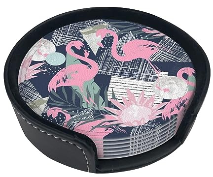 Untersetzer mit rosa Flamingo und Blättern für Getränke, 6 Stück, Leder-Untersetzer mit Halter, runde Tassenmatten-Set für Zuhause und Küche, 9,9 cm
