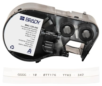 Brady Wärmeschrumpfendes Polyolefin-Etikettenband für Etikettendrucker BMP41/BMP51/BMP53/M511 - Klebeetiketten - Schwarz auf Weiß (5,97 mm (H) x 2,13 m (L)) - M4C-125-342