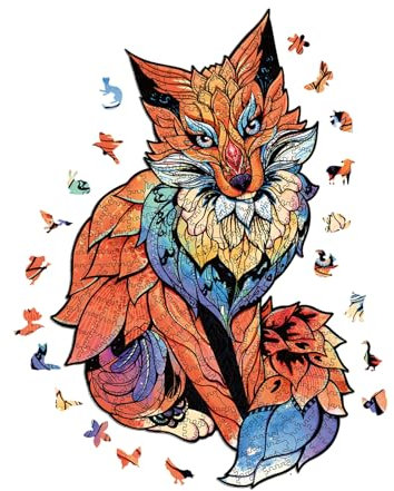 Wooden Jigsaw Puzzle - Animal Shape Magic 3D Colorful Fox - Unique Shaped Pieces 6.3 x 9.9 for Adults, Children, Friends