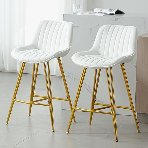 Wahson 2X Sillas de Bar Terciopelo Taburetes de Cocina con Patas Doradas, Desayuno Bar Moderno Sillas de Mostrador Elegante para Isla Cocina/Restaurante,Blanco