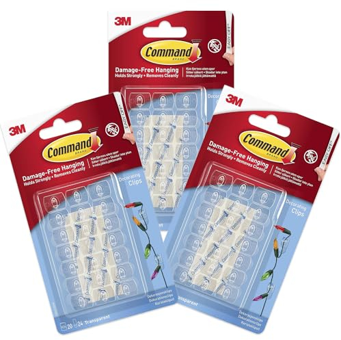 Command Decorating Clips Pack of 20 Mini Hooks and 24 Small Strips x 3 Pack- Hanging Clips for Christmas Decorations and Fairy Lights, Wall Adhesive - Damage Free (3)