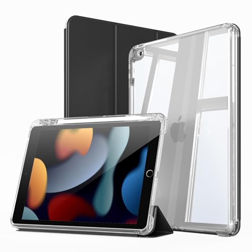 ZKTUYU Hybrid-Hülle für iPad 9./8./7. Generation mit Stifthalter 10.2 Zoll Modell 2021/2020/2019,2-in-1 abnehmbare Abdeckung mit transparenter Hartschale auf der Rückseite,Auto Schlafen/Wachen,Schwarz
