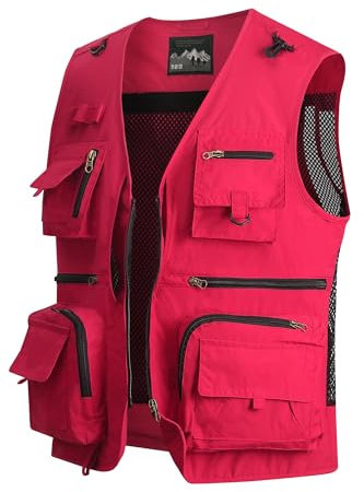 MeiLayM Herren Outdoor Weste Anglerweste mit Mehreren Taschen Leicht Fotografie Weste Sommer Multifunktionsweste Camping Jagd Weste Atmungsaktiv Ärmellos Jacke Rot,XL
