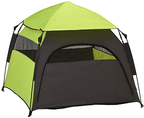 PawHut Haustierzelt, Hundezelt, Katzenhaus im Freien, Hundehaus mit Meshfenster, Hunde Tipi Zelt mit Tragetasche, Sonnendach für Hinterhof, Wohnzimmer, Grün+Dunkelgrau