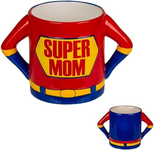 Avilia Tazza Super Mom a Tema Supereroe | Regalo per la Festa della Mamma | Ceramica 450ml Rosso e Blu | Perfetta per Tè e Caffè