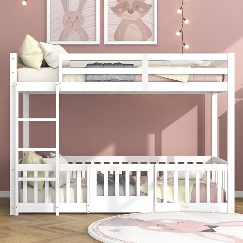 LTGB 3FT Bunk Bed for Kids, Bed with Fences and Door, Children's Bed with Fall Protection and Railings, Solid Wood, Suitable for Kids Boys Girls, White (190x90cm)