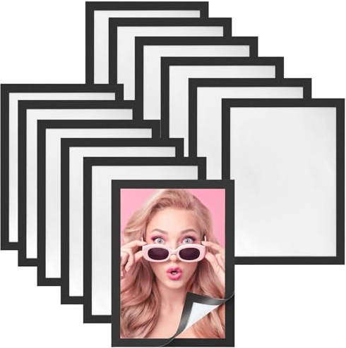 GIRAFEDA Poche Adhésive Magnétique A4 Cadre Porte-Affiche Transparent Affichage Aimanté 12 PCS Document Adhésif Noir pour Photo Mur