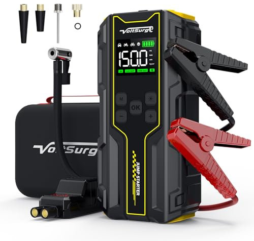Avviatore Emergenza per Auto, 6000A Booster Avviamento Auto/Moto con Compressore da 150PSI, 12V Avviatore Batteria Jump Starter (Fino a 10L Benzina e 8L Diesel) DisplayDoppia USB, Torcia a LED