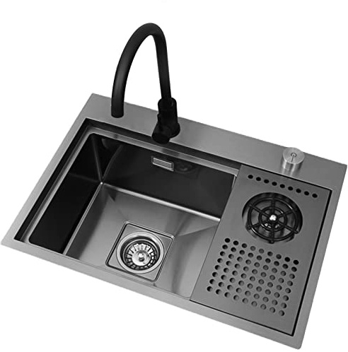 Évier de Cuisine avec Lave-Verre, évier de Bar en Acier Inoxydable avec Lave-gobelet, rinçage par pulvérisation pour hôtel, café, Restaurant (Couleur : Noir-C, Taille : 60 x 43 x 21 cm)