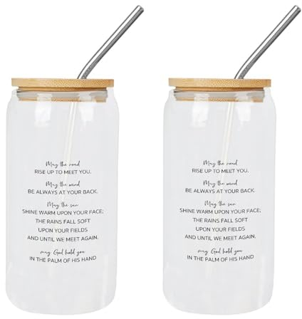 Yelolyio Glasbecher mit Bambusdeckel und Strohhalmen May The Road Rise Up to Meet You, Glasbecher, Dose, Bierbecher, Geschenk für Mutter, ideal zum Entsaften von Kaffee, Limonade, Tee, 2 Stück