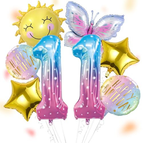 Sonne Schmetterlinge Luftballon 11 Jahre Mädchen, Schmetterling Geburtstagsdeko Mädchen 11 Jahre, Schmetterling Deko 11. Geburtstag Folienballon, Kindergeburtstag Deko für Schmetterling Themen Party