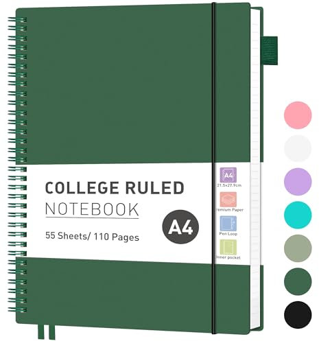 RETTACY A4 Notebook, Lined Wirebound Spiral Notebook College Ruled Paper 110 Pages for Writing, Journals for Women 100gsm, PVC Pocket, Pen Loop, Ruler, Bookmark, 21.5 x 27.9cm - Dark green