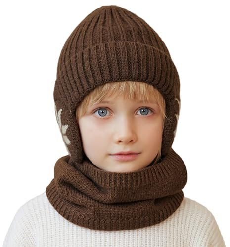 Cheerful Mario 3-8 Jahre Winter Mütze Schal Set Kinder Jungen Wintermütze mit Ohrenschützer und Loop Schal Warme Fleecefutter Braun