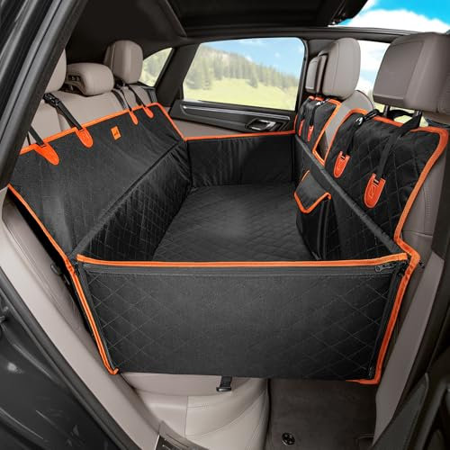 pecute Hundesitzbezug mit Harter Unterseite 135*63 cm, Hundedecke Auto Rückbank mit Sicherheitsgurt, Stabiles Upgrade mit Perlen-Baumwoll-Umrandung, Wasserdicht, Kratzfest, für Pkw, Lkw, Geländewagen