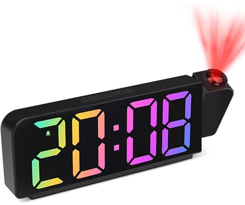 Projection Alarm Clock, LED Colorful digital Clock, Bedside Projector Clock with Temperature, Snooze, Adjustable Brightness, 12/24H, Digital Clock for Bedroom Home Office(Adapter Not Included)