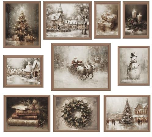 Whaline 10 Stück Weihnachten Vintage Wandkunstdrucke Retro Weihnachtsbaum Weihnachtsmann Schneemann Papier Poster Winter Rustikale Bilddekoration für Party Galerie Wohnzimmer Büro ungerahmt
