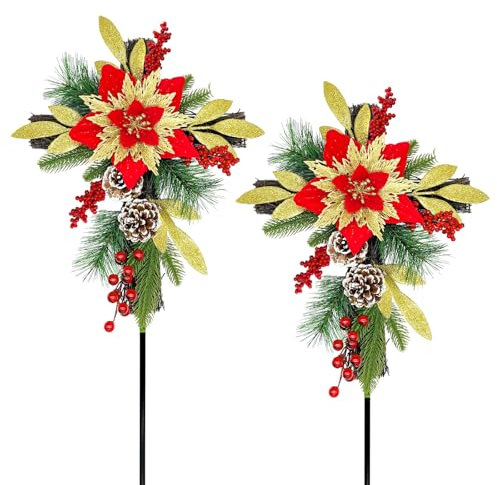 TWITTOOLS Künstliche Friedhofsblumen, Kreuz, Weihnachtsstern, Kreuzpfahl, Friedhof, Gedenkblumen, Kreuz für Grabdekoration, 2 Stück