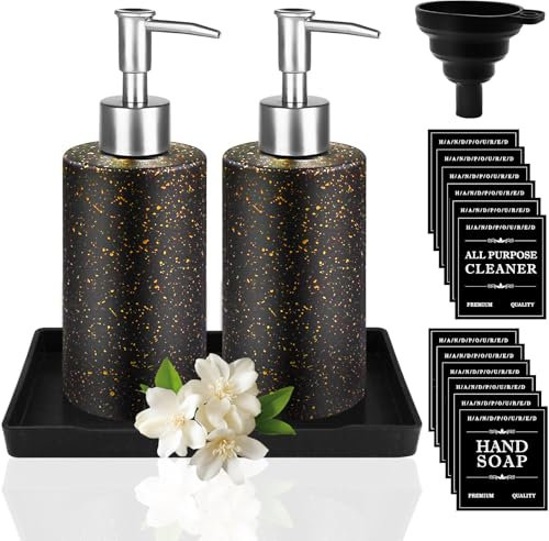 Nadinsta 2Pcs 350ml Glass Black Soap Dispenser with Metal Pump, Refillable Shampoo And Conditioner Dispenser with Tray Stickers and Funnel, Hand Soap Dispenser for Lotions, Essential Oil, Liquid Soaps