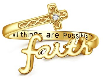 ONEFINITY Glaubens Ring aus 925er Sterlingsilber Kreuz Glaubensring Verstellbarer Löffel Glaubensringe Christliche Ringe Schmuck Geschenk für Frauen Mädchen Tochter Freundin-Gold