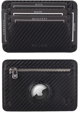 MAGATI CarWally MiniWallet mit Münzfach, RFID-Schutz - Mini Geldbörse Herren & Damen klein -mit AirTag-Fach- Kartenetui - Kartenhalter Einkaufswagenchip-Fach Portemonnaie - Geldbeutel - Carbon