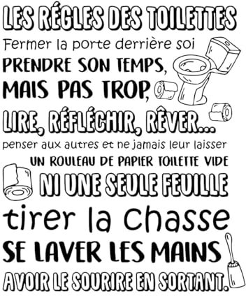 Autocollant mural en vinyle pour règles de toilettes, salle de bain, toilettes, règles familiales, grand format - 64 x 76 cm