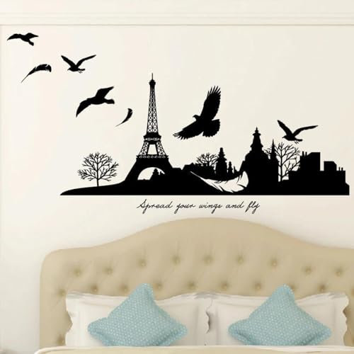 GZGZG Vintage Paris Wandtattoo Fliegende Vögel Wandtattoo Paris Park Vinyl Home Wall Decor mit Turm Wandaufkleber