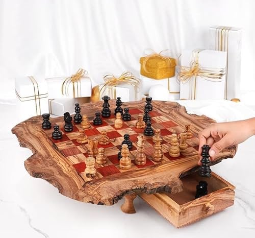Scacchiera rustica con cassetto in legno di ulivo, set di scacchi fatto a mano, 100% biologico, scacchiera in legno naturale con gambe e cassetto integrato (rosso)