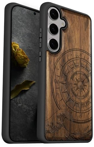 Carveit Natürlich Holz Handyhülle für Samsung S25 Plus hulle [Einzigartiges Design Cover] Stoßstange Case Kompatibel mit Galaxy S25 Plus Hülle（Nussbaum-Der Kompass vor Kanagawa Waves）