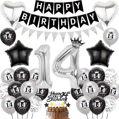 Deko 14 Geburtstag Mädchen Junge - 63 Stück Schwarz Silber Geburtstagsdeko mit Happy Birthday Banners, Stern Liebe Zahl Folienballon Konfetti Luftballons Tortendeko für Teenager Party Drinnen Draußen