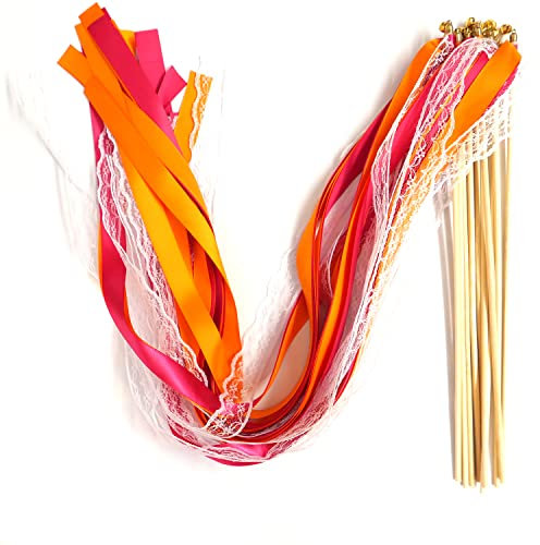 Blausky 50 Stück Feenstäbe,Spitze Ribbon Zauberstäbe Wedding Wands Hochzeit Luftschlangen mit Glocken,Wedding Twirling Streamers Spitzenfeenstab für Hochzeit,Weihnachten Party Urlaub Feiern,Orange