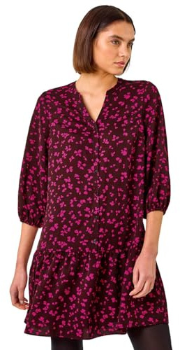 Roman Originals Abstract Spot Frill Shirt Dress for Women UK - Ladies Everyday Autumn Winter V-Neckline Comfy Soft Evening Vacation Work Party Night Out - Wine - Size 12