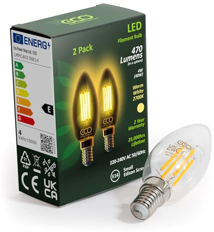 ECO Lot de 2 ampoules LED à filament 40 W équivalent à 4 W, 470 lumens, blanc chaud 2700 K, petit culot à vis Edison E14, durée de vie de 25 000 heures