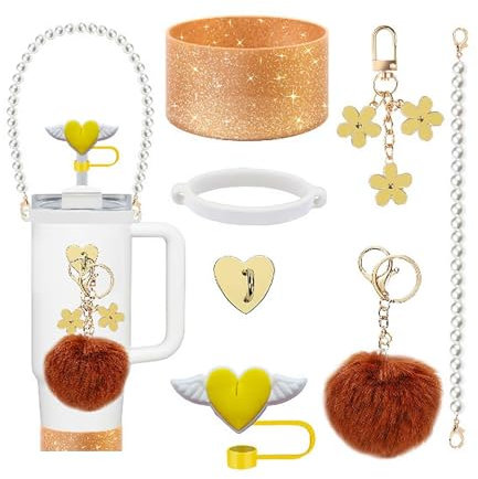 Juego de 7 accesorios para el día de San Valentín para taza Stanley de 30 y 40 onzas, incluye funda de popote de siliocne, funda de siliocne, correa de mango de botella de agua, juego de tapones a