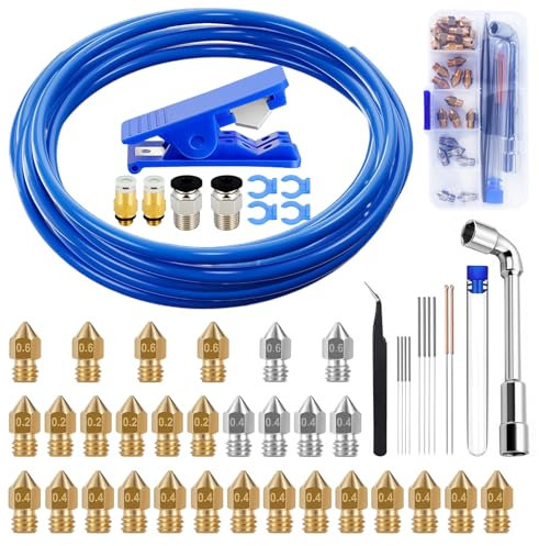 48 Stück 3D Drucker Zubehör Kit,PTFE Teflonschlauch 1M 2,00 mm mit 2 x PC4-M6 & 2 x PC4-M10 und 30 Stück 3D Drucker Düsen 0,4 mm 0,2 mm 0,6 mm für Creality Ender 2/3/3 V2/3 Pro/5/CR 10 Serie ...