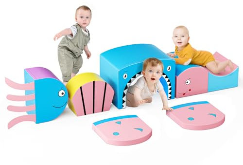 MINENICE 6 Stück Motorik Baby aus Schaumstoff mit PU-Bezug, Ozeanthema, Motorikmodul für Babys mit verschiedenen Farben, Formen, Lernspielzeug zum Krabbeln und Klettern (Macaron)