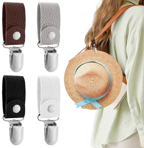 Ouligay 4 Stück Hut Clip für Reisen Tragbarer Huthalter Clip Freihändiges Hutklammer Damen Herren Unterwegs Hat Clips for Trave On Bag, PU Leder Hutclips für Outdoor Handtasche Reisetasche Rucksack