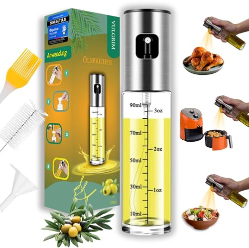 VULGRIM Oil Spray Bottle for Cooking & Grilling – Refillable Glass Olive Oil Dispenser with Scale – BPA-Free Mister for Kitchen, BBQ, Air Fryer