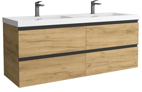 Mueble de Baño BEQUIA Metal 140cm Roble | Lavabo Toscana Carga Mineral Centrado