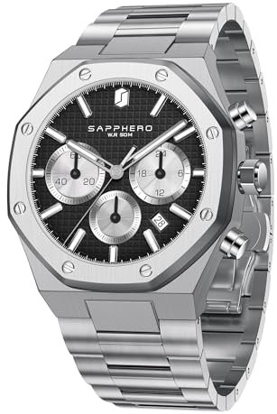 SAPPHERO Herrenuhr Quarzwerk Chronograph Handgelenk Herrenuhr Achteckig Edelstahl 50M Wasserdicht Leuchtend Armbanduhr Luxus Analog Quarz Uhr für Männer mit Datum Elegant Herren,Silber Schwarz
