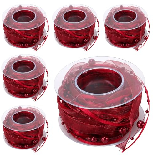 SINJEUN 6 Stück Künstliche Perlenband Rot, 4,5m Schleifenband Dekoband Perlengirlande Mit Organza, Geschenkband Perlenkette Deko Weinrot für Hochzeit, Weihnachten und Basteln