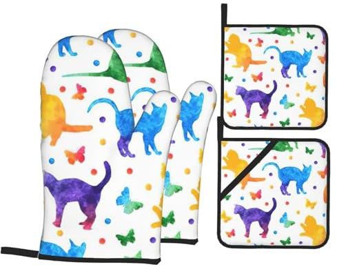 Butterfly Polka Dot And Cat Print Kitchen Mitts And Pot Holders Set Resistant Oven Mitts Pot Holders Waterproof